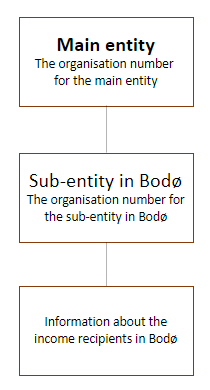 Diagram. Specify the organisation number of the main entity that is the declarant. Specify the organisation number of the aub-entity in Bodø. Information on the income recipient is linked to the sub-entity in Bodø. The text in the article explains this in more detail.